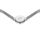 Round chrome watch case with mesh metal bracelet, top-down view.