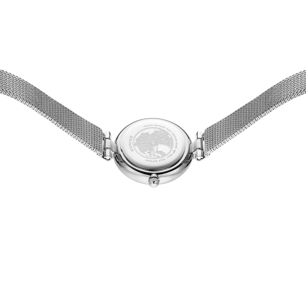 Round chrome watch case with mesh metal bracelet, top-down view.