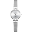 Roestvrij stalen polshorloge met mesh-armband en rond kast; wit uurwerk met eenvoudige wijzers.