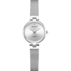 Stainless steel wristwatch with mesh band and round case; white dial with simple hand design.