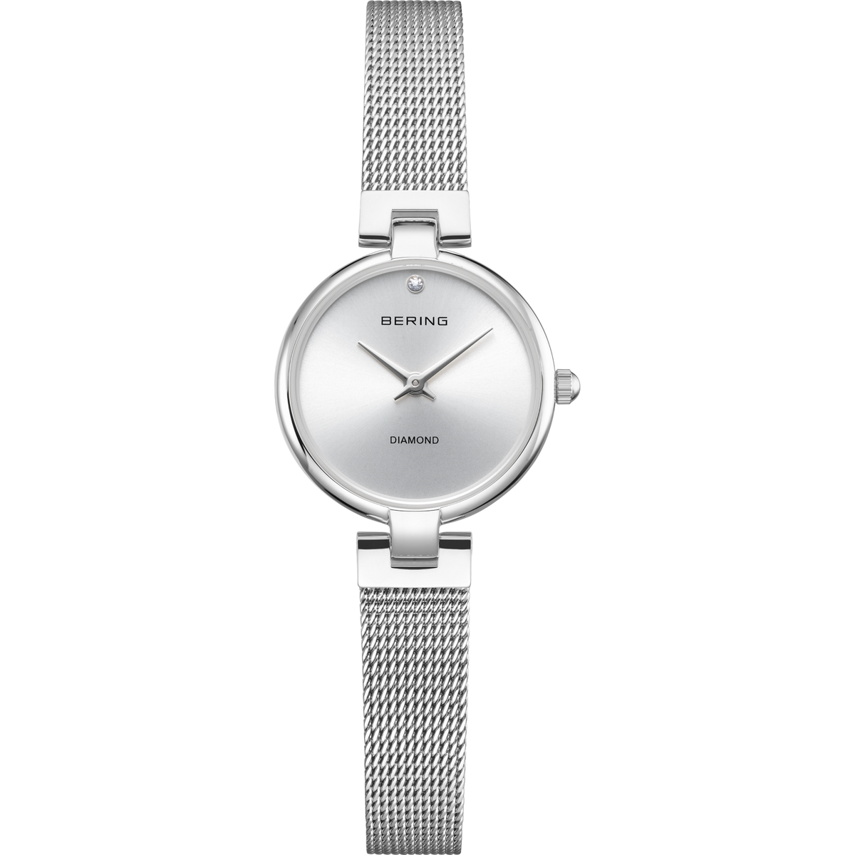Stainless steel wristwatch with mesh band and round case; white dial with simple hand design.