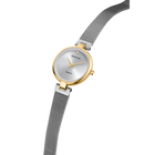 Round watch with gold case, silver dial, and dark mesh strap displayed diagonally.