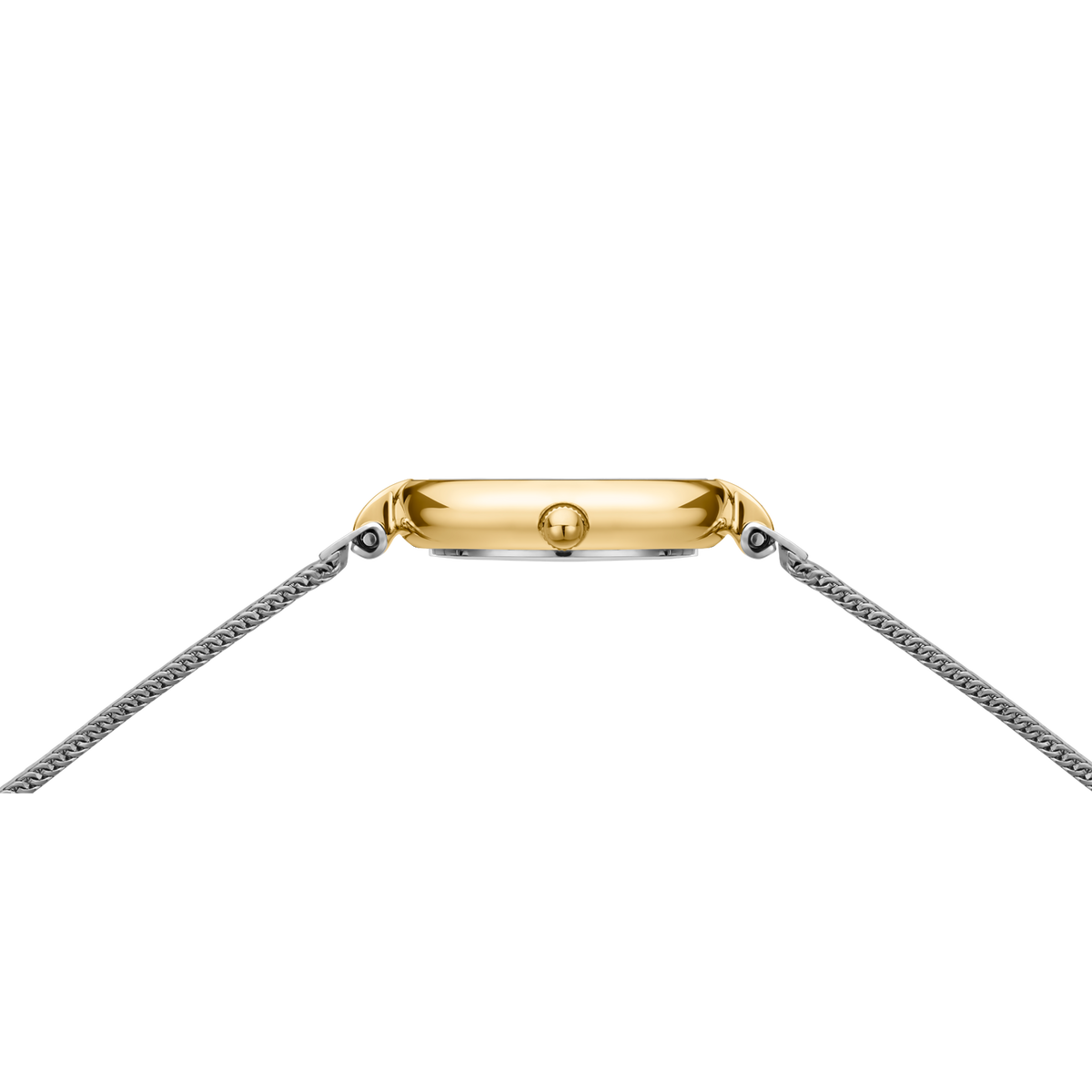 Rectangular gold-tone watch case with silver mesh bracelet, viewed from above