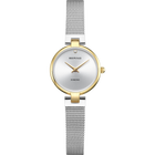 Round white dial BERING wristwatch with two-tone case and stainless steel mesh band.