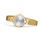Orologio con bracciale a maglia dorata, quadrante argentato e lancette dorate, vista laterale