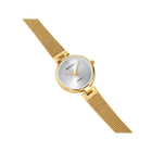 Orologio da polso BERING con cassa rotonda dorata e cinturino mesh champagne, mostrato ad angolo su sfondo bianco.