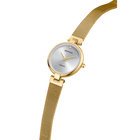 Orologio rotondo color oro con cinturino mesh, vista angolata mostra il quadrante e il cinturino intero