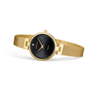Goudkleurig mesh horloge met rond zwart wijzerplaat en gouden wijzers, zijkant