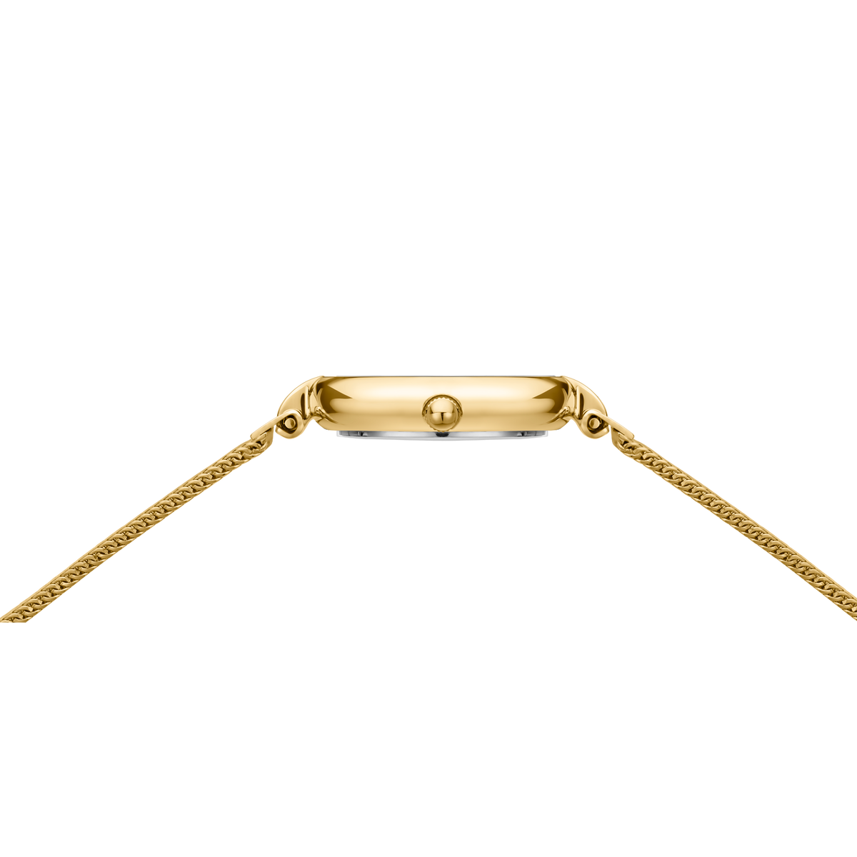 Goudkleurig horloge met rechthoekig kastje en afgeronde uiteinden, bijpassend mesh armband, bovenaanzicht