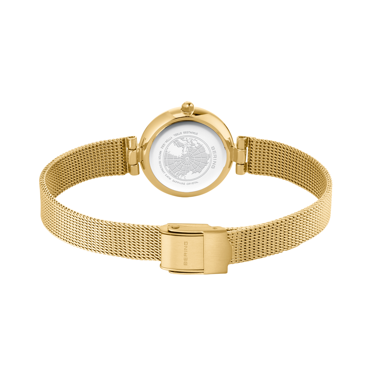 Goudkleurig polshorloge met mesh-armband en rond horlogekast, vooraanzicht