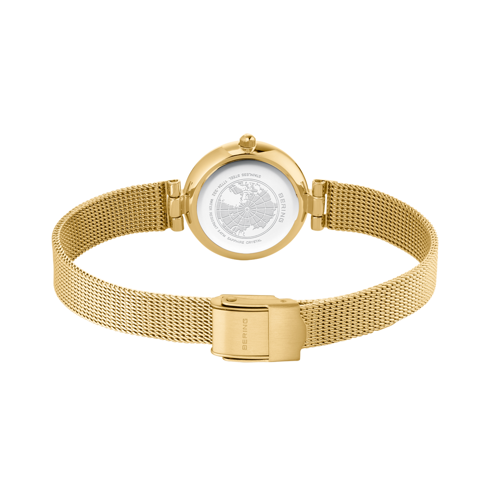 Goudkleurig polshorloge met mesh-armband en rond horlogekast, vooraanzicht