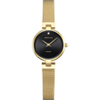 Montre avec cadran noir rond, boîtier doré et bracelet maille, marqueur diamant à 12 heures.