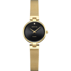 Horloge met rond zwart wijzerplaat, goudkleurig behuizing en mesh-armband, diamant-markering op 12 uur.