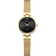 Horloge met rond zwart wijzerplaat, goudkleurig behuizing en mesh-armband, diamant-markering op 12 uur.