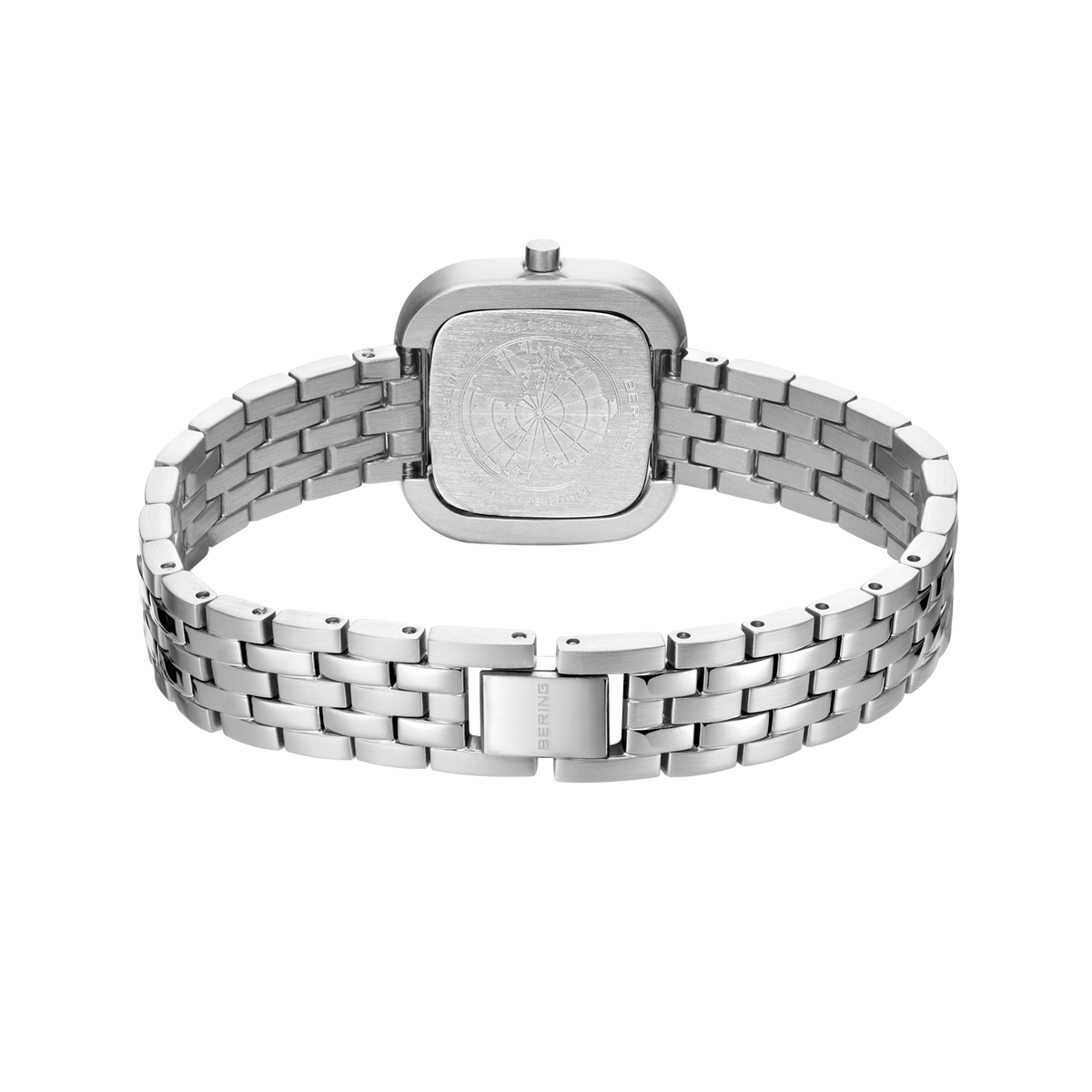 Montre BERING en acier argenté avec boîtier carré, vue de dessus montrant le bracelet chaîne métallique.