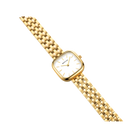 Montre carrée dorée avec cadran blanc et bracelet gourmette massif, vue en angle