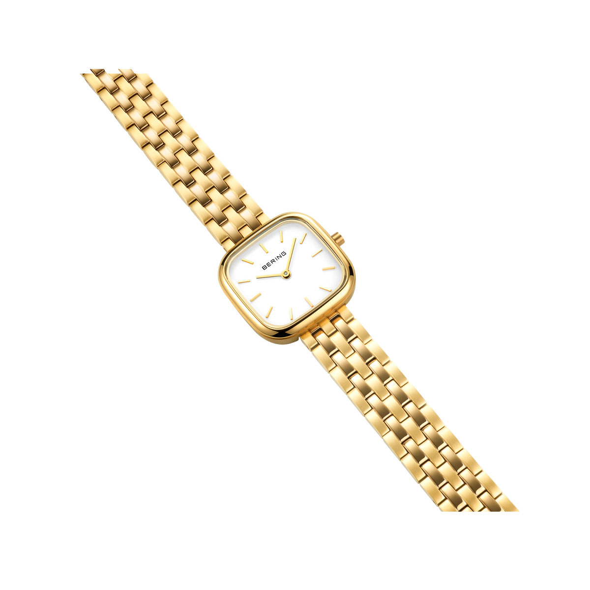 Montre carrée dorée avec cadran blanc et bracelet gourmette massif, vue en angle