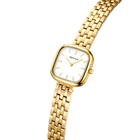 Montre carrée dorée avec bracelet maille, cadran blanc et logo BERING, vue en angle