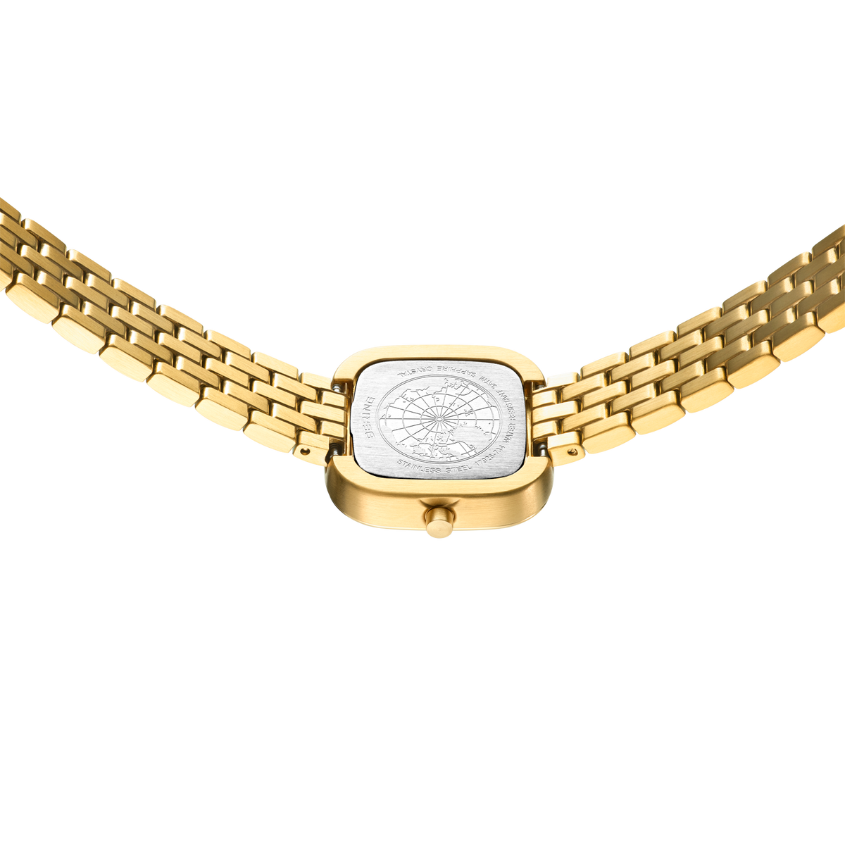 Montre à bracelet carrée couleur or avec bracelet à mailles, vue de face