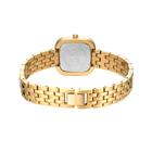 Montre carrée dorée, vue de l'arrière, bracelet à mailles structurées et boîtier gravé.