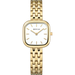 Uhr mit quadratischem Gehäuse in Goldton, passendem Gliedarmband und minimalem weißem Zifferblatt mit schlichten Indexen.
