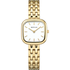 Montre à boîtier carré doré, bracelet maille assorti et cadran blanc minimaliste aux index simples.