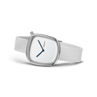 Square-cased wristwatch with silver mesh band and white dial, three-quarter angle view