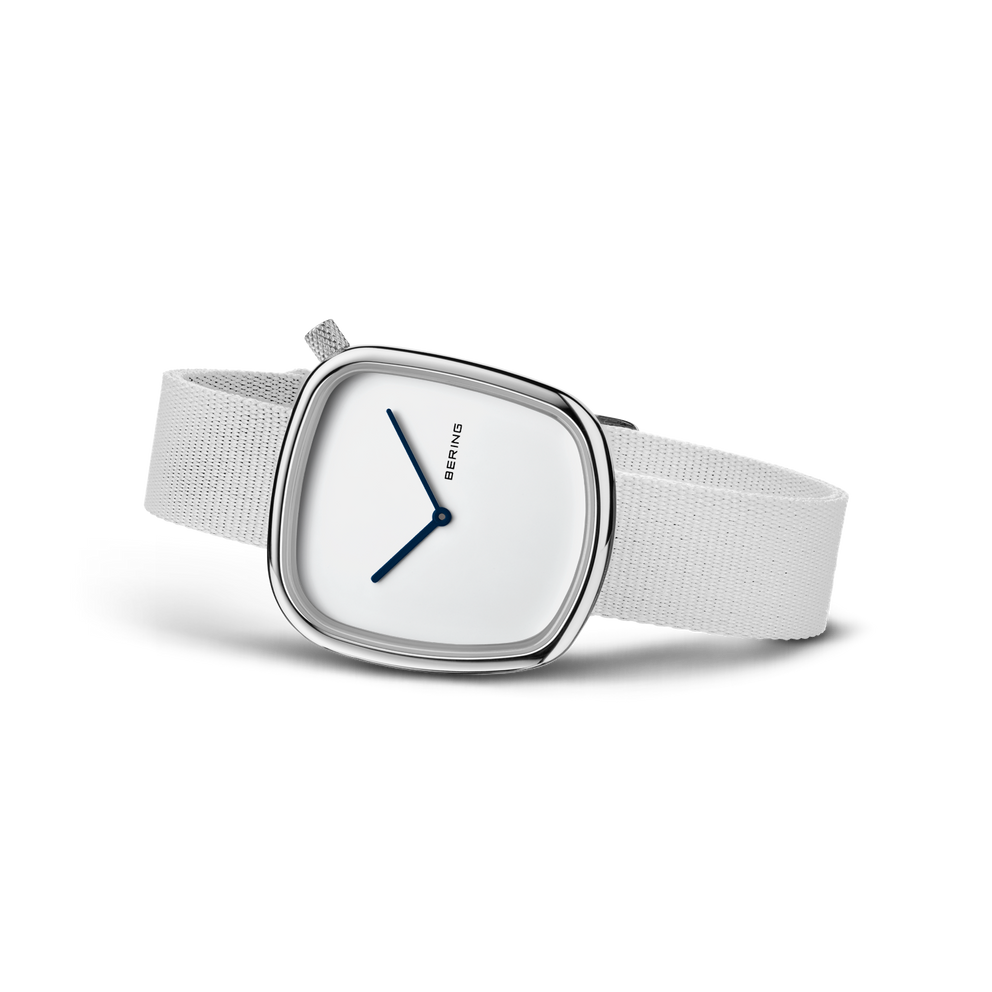 Square-cased wristwatch with silver mesh band and white dial, three-quarter angle view