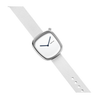 Wristwatch with rounded square case, white dial with blue hands, and grey fabric strap, angled view