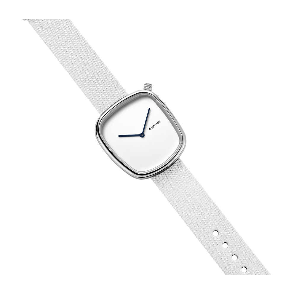 Wristwatch with rounded square case, white dial with blue hands, and grey fabric strap, angled view