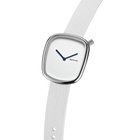 Square watch with brushed-metal case and white dial on light gray perforated fabric strap, shown at an angle.