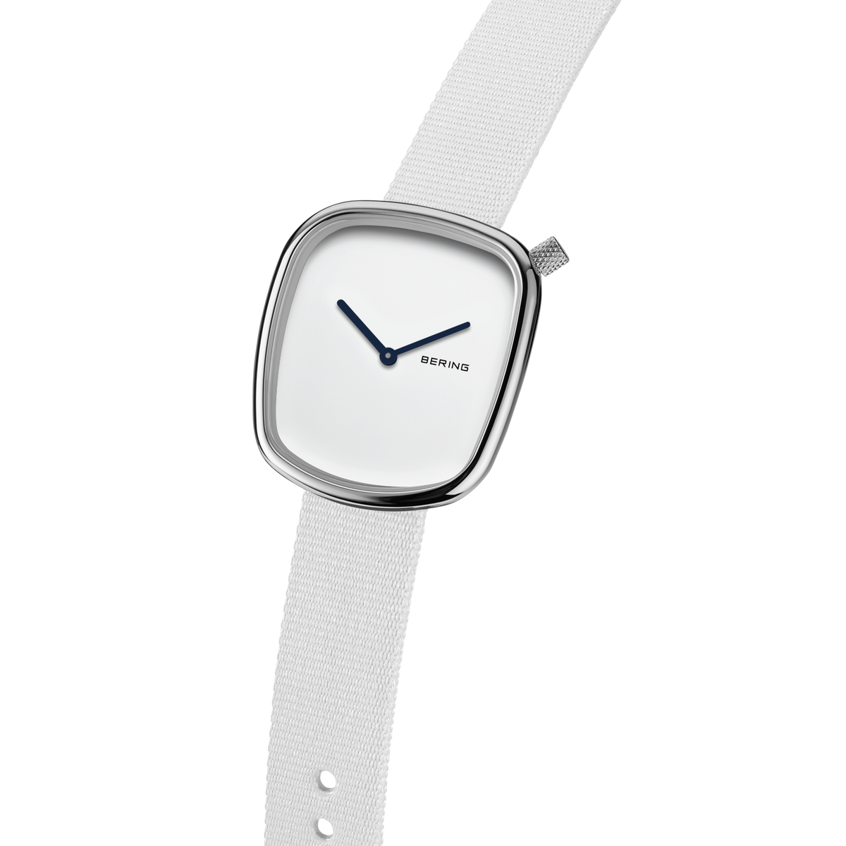 Square watch with brushed-metal case and white dial on light gray perforated fabric strap, shown at an angle.