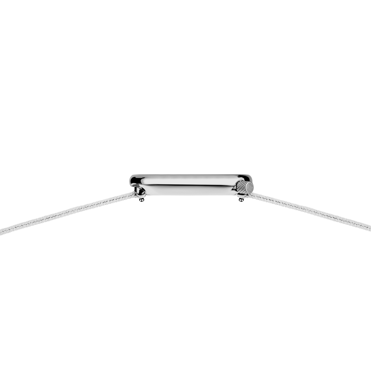Watch viewed from above, showing case top with crown and mesh bracelet.