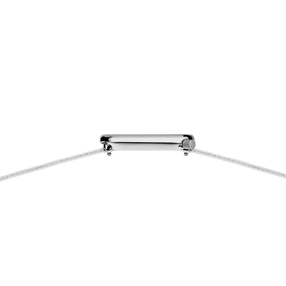 Watch viewed from above, showing case top with crown and mesh bracelet.