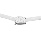 Round watch face in square case viewed from above, light textile strap with perforated edges