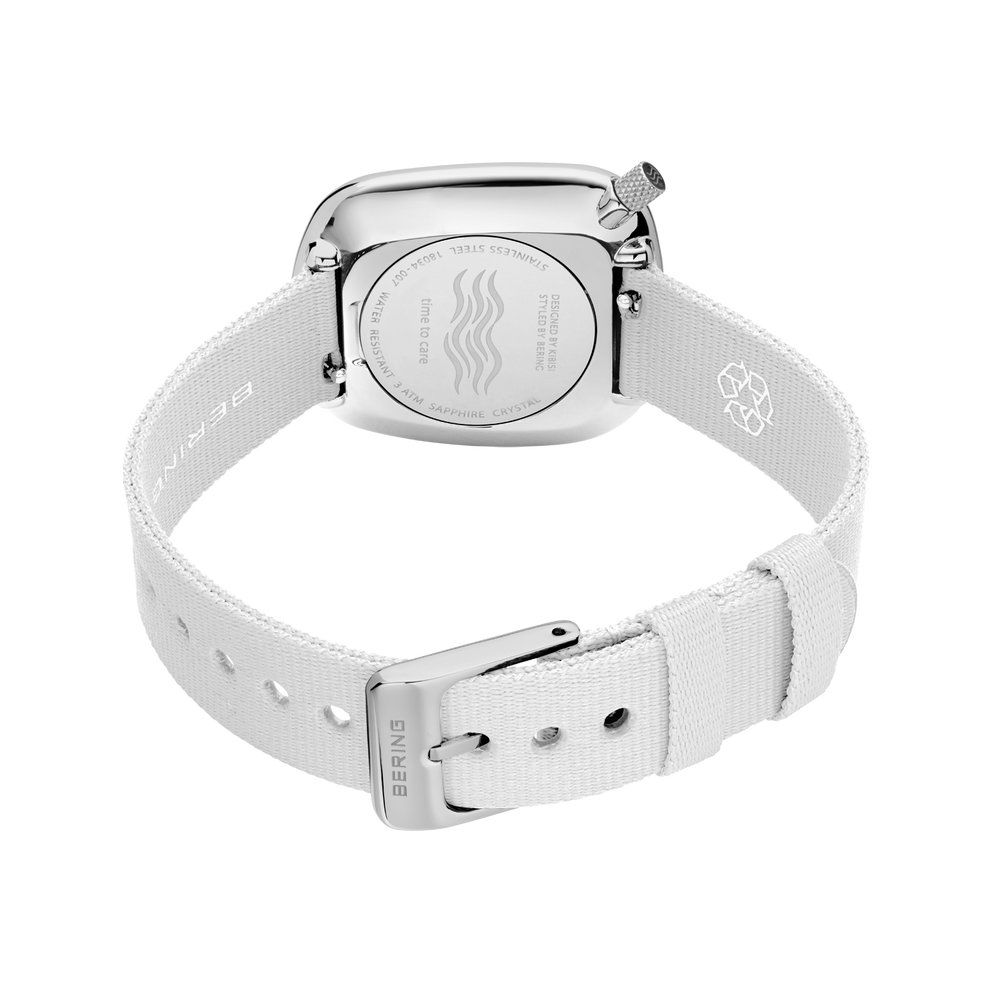 BERING 18034-007 wristwatch with white band and square case, overhead angle view showing buckle fastening