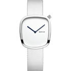 BERING square watch with white dial, dark blue hands, and gray fabric strap