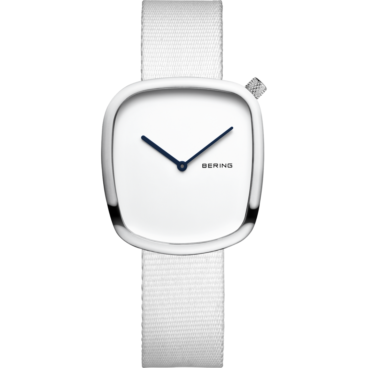 BERING square watch with white dial, dark blue hands, and gray fabric strap