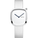 BERING square watch with white dial, dark blue hands, and gray fabric strap