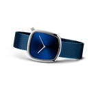 Silver square watch with dark blue dial and mesh band, angled side view