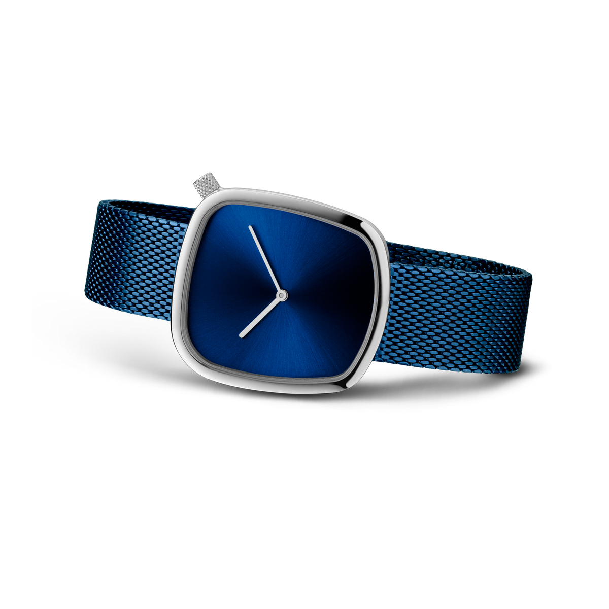 Silver square watch with dark blue dial and mesh band, angled side view