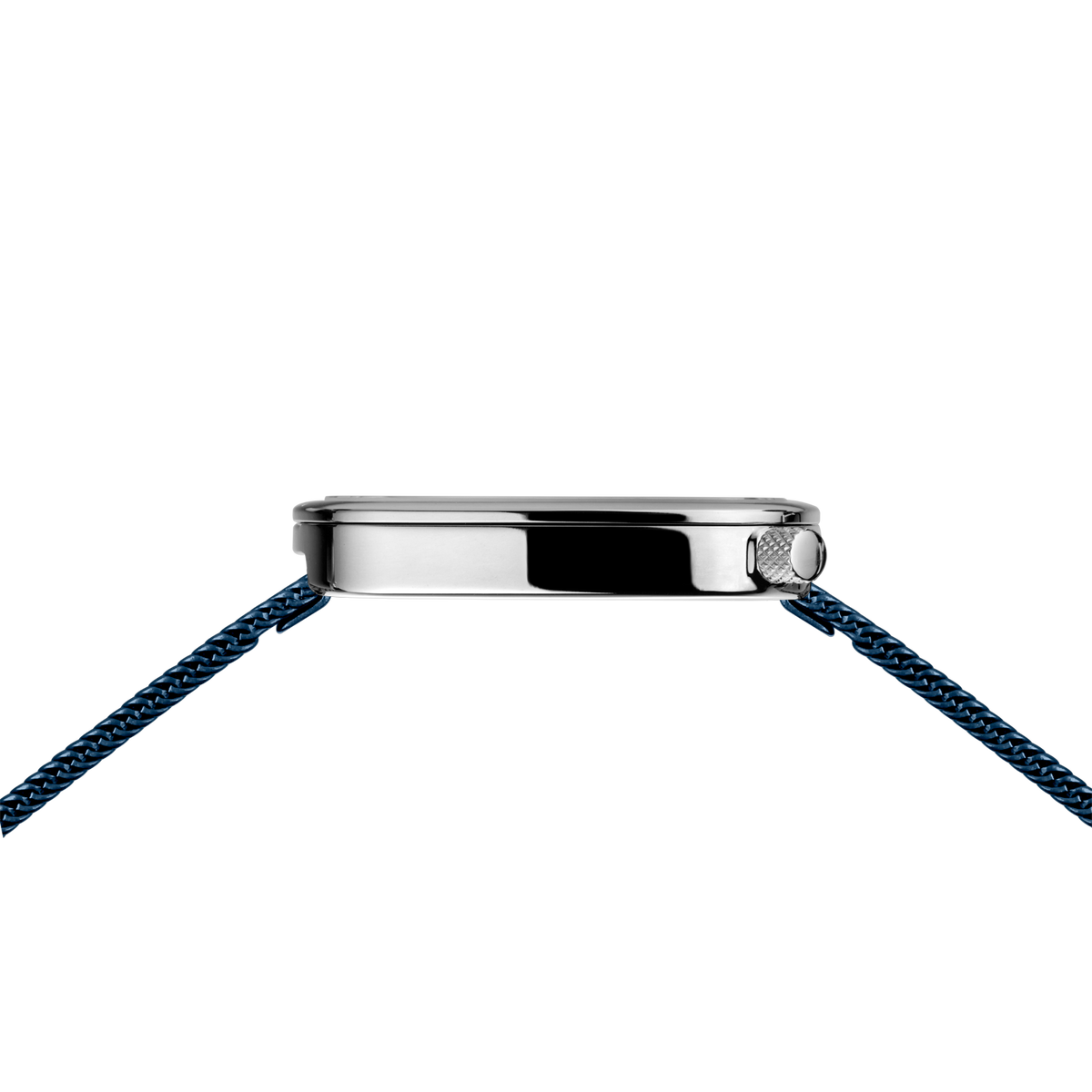 Silver watch case with blue woven fabric straps, viewed from above at an angle
