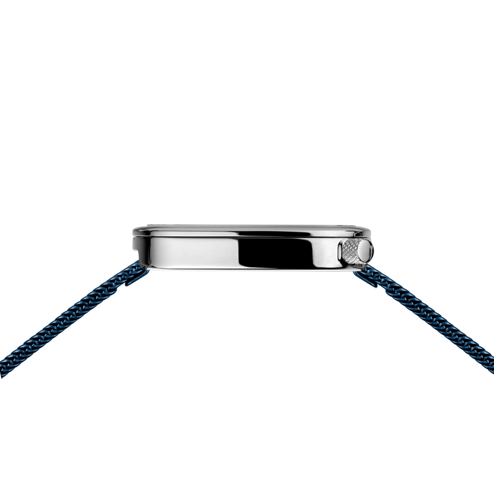 Silver watch case with blue woven fabric straps, viewed from above at an angle