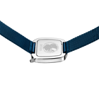 BERING square-faced wristwatch with white dial, silver case, and dark blue textile strap