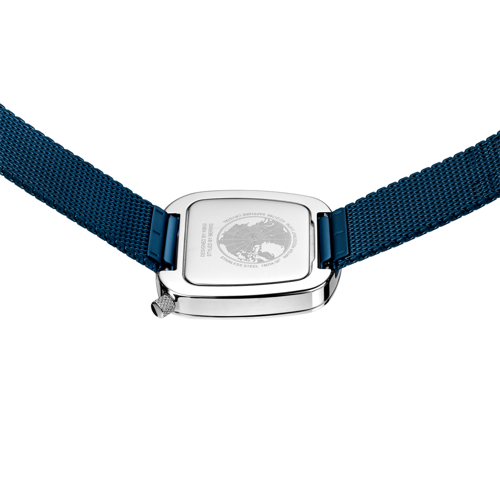 BERING square-faced wristwatch with white dial, silver case, and dark blue textile strap