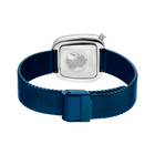 Square-faced watch with white dial and dark blue mesh band