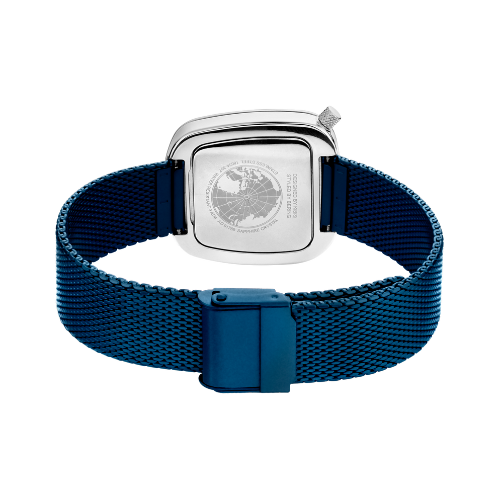 Square-faced watch with white dial and dark blue mesh band