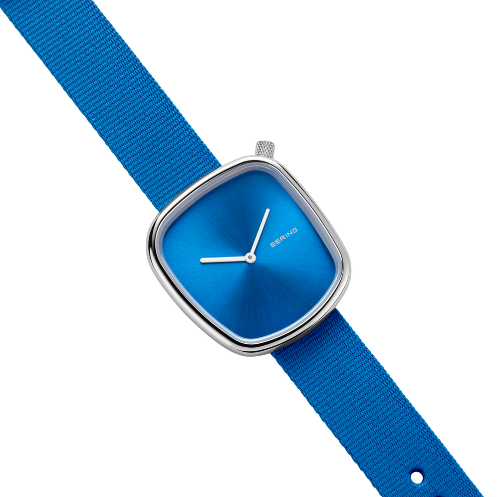 Vierkant sunray textiel Horloge blauw zilver