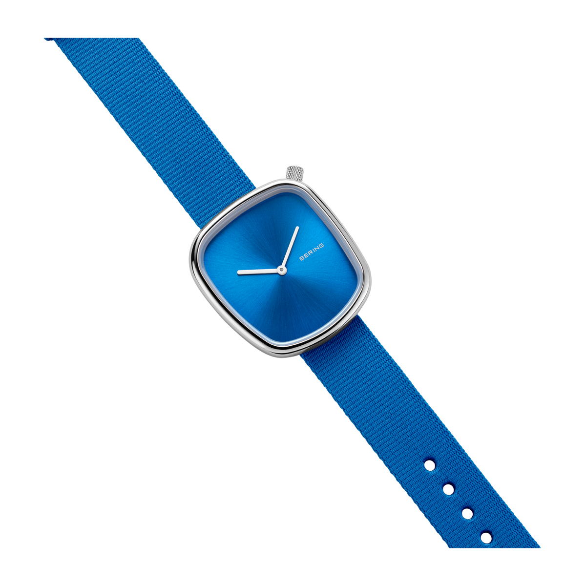 Blue wristwatch with square case, white hands, and textured blue fabric strap with white perforations