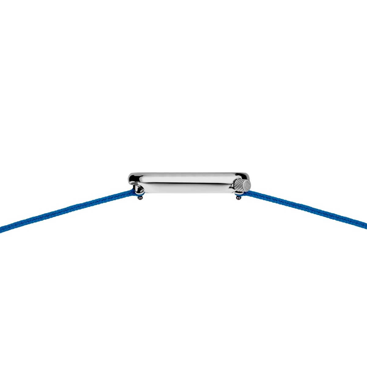 Watch case with blue fabric band attached at both ends, overhead view